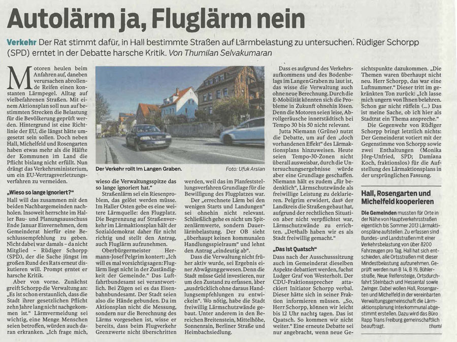Bericht Haller Tagblatt vom 15. Februar 2018: Autolärm ja, Fluglärm nein